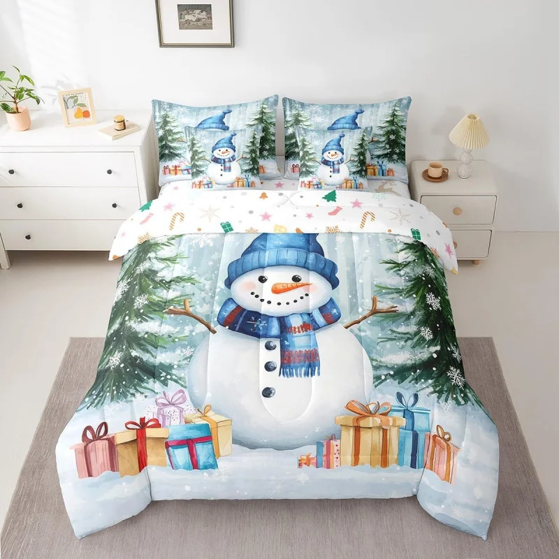 

Merry Christmas Snowman Quilt Set 3-Piece Extra Large, Snowflake Winter Happy New Year Bedding Set Blue