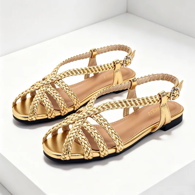 Novelty Hollow Woven Buckle Detail Flat Sandals for Women Summer Light Comfortable Beach Shoes Fashion Open Toe Designer Flats