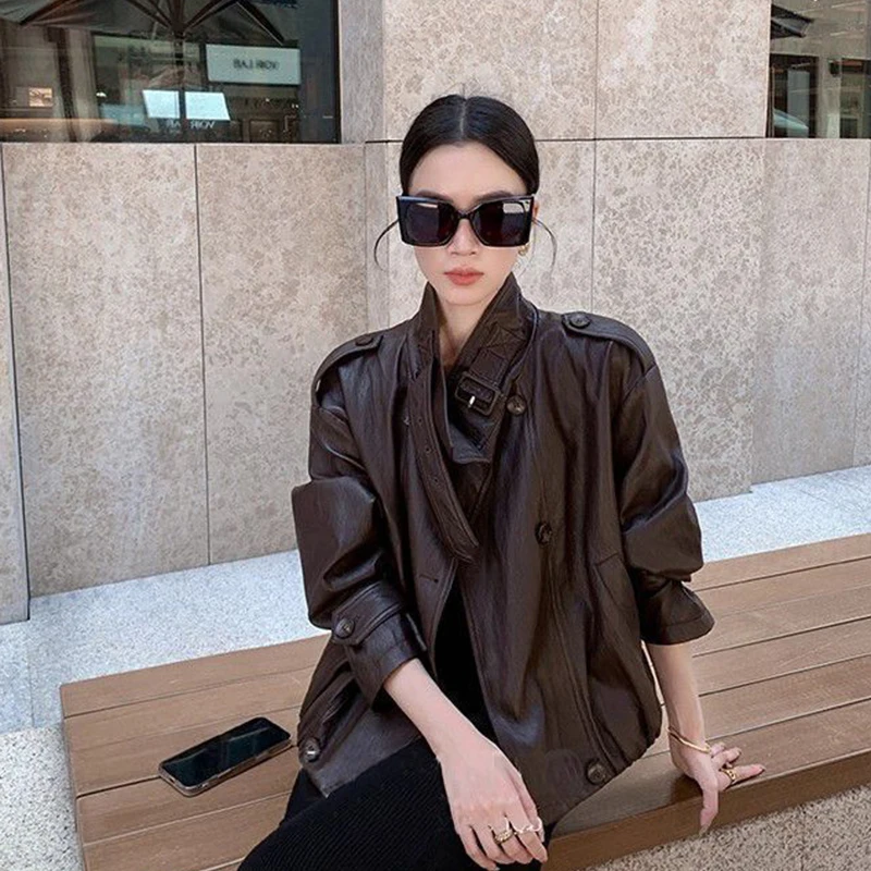 미국 빈티지 PU 가죽 재킷 여성 텍스처드 루즈 캐주얼 크롭 코트 프리미엄 봄 가을 스탠드 칼라 스트리트 아우터웨어