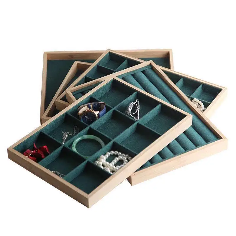 

Dark Green Velvet Bamboo Jewelry Display Tray Ring Earring Necklace Bracelet Pendant Organizer Jewelry Storage Tray for Drawer