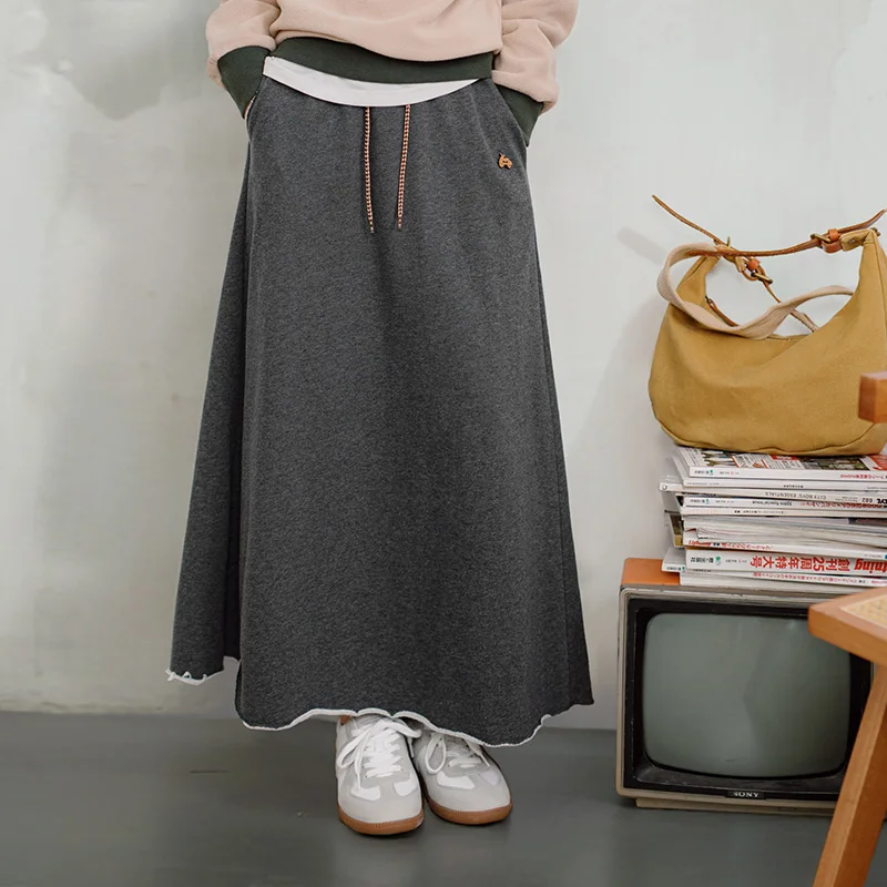 Maden Casual Knit Skirt Drawstring Elastic Waist A-Line Loose Fit with Pockets Solid Color Versatile Maxi Skirt for Autumn Women