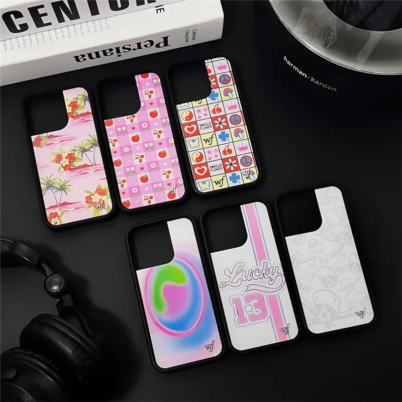 USA WF Wildflower wild girl Phone Case for iPhone 12 13 14 15 16 Pro Max Plus 16pro Lattice Bone islet cloth wf label Cover