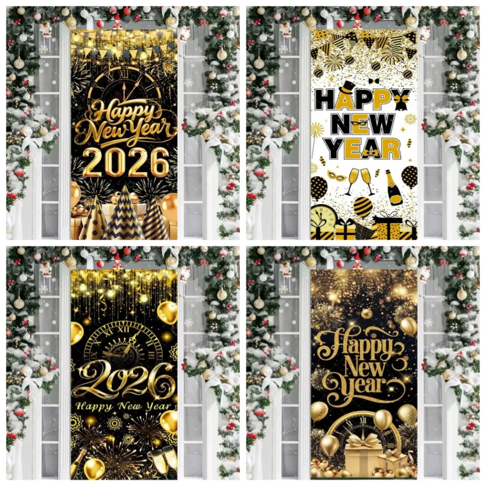 

Happy New Year 2026 Black Gold Theme Door Banner Background, New Year Clock Champagne Party, Porch Decoration Banner Background,