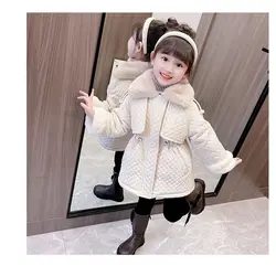 Girls Small Checkered Large Fur Collar Cotton Coat Windbreaker 2024 Winter Clothing New Children Plush and Thickened Waist Parka