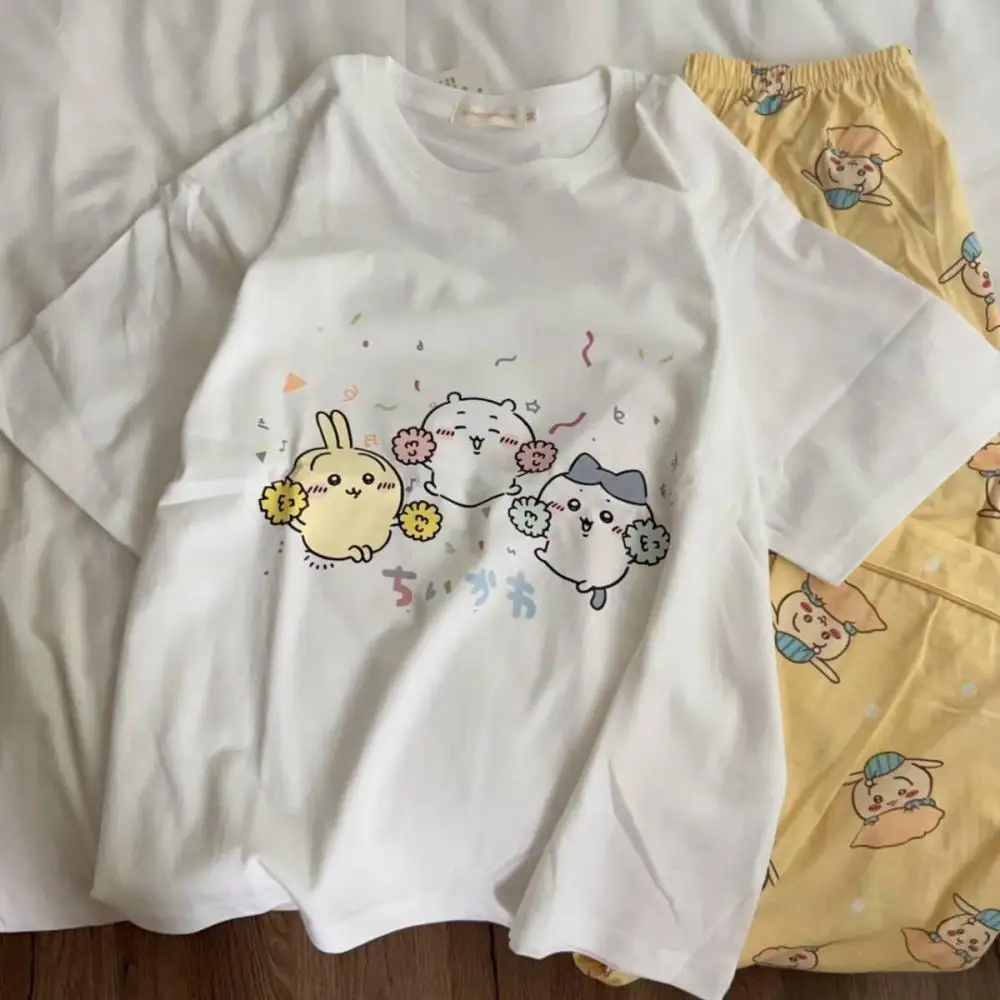 Summer Chiikawa Pajamas Anime Usagi Hachiware Cotton Round Neck Short Sleeved Pants Loose Cartoon Japanese Home Clothes Kawaii