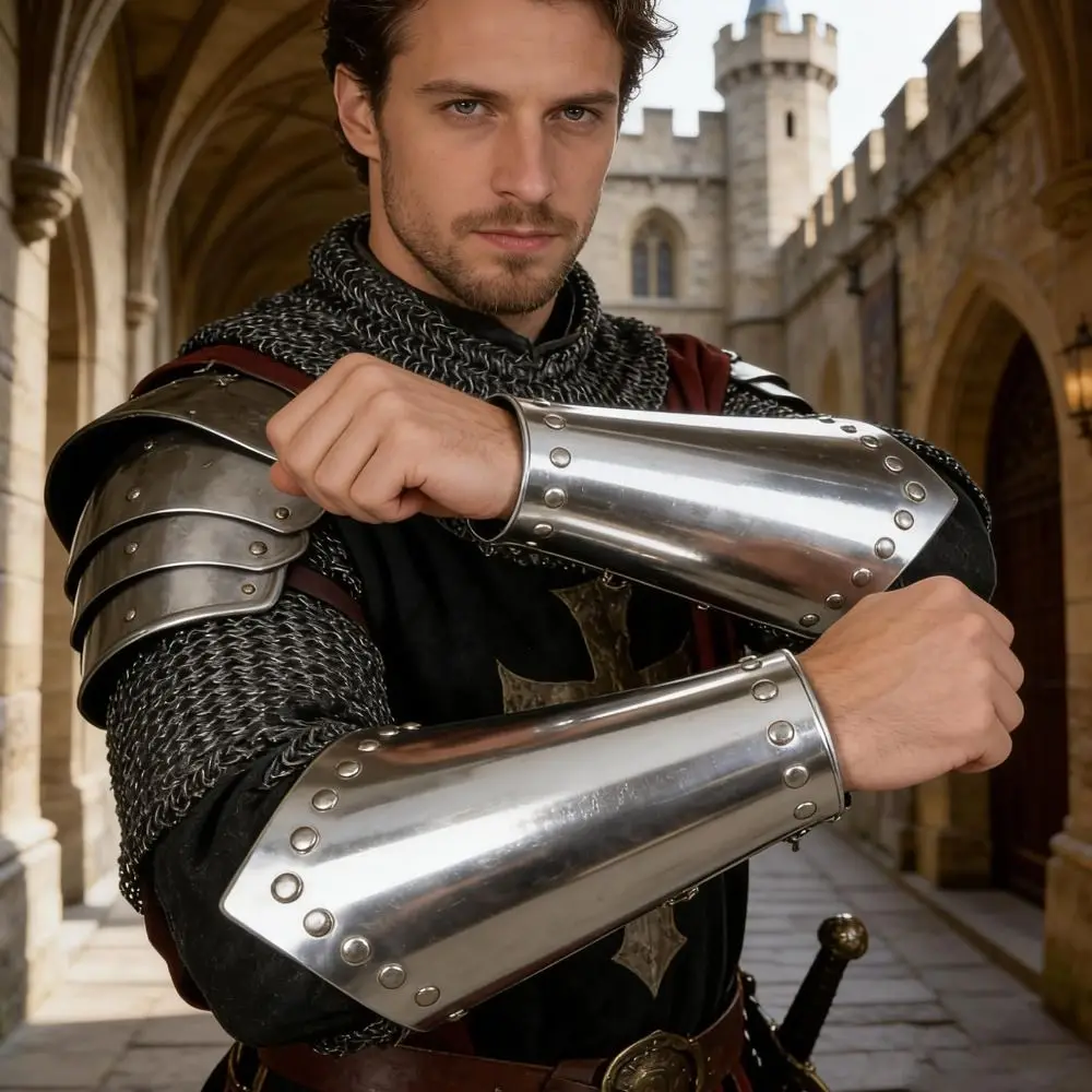 

Role Playing Medieval Bracers Shiny Metallic Glossy Metallic Look Knight Arm Guard Rivet Silver Gold Rivet Cosplay Arm Cuff