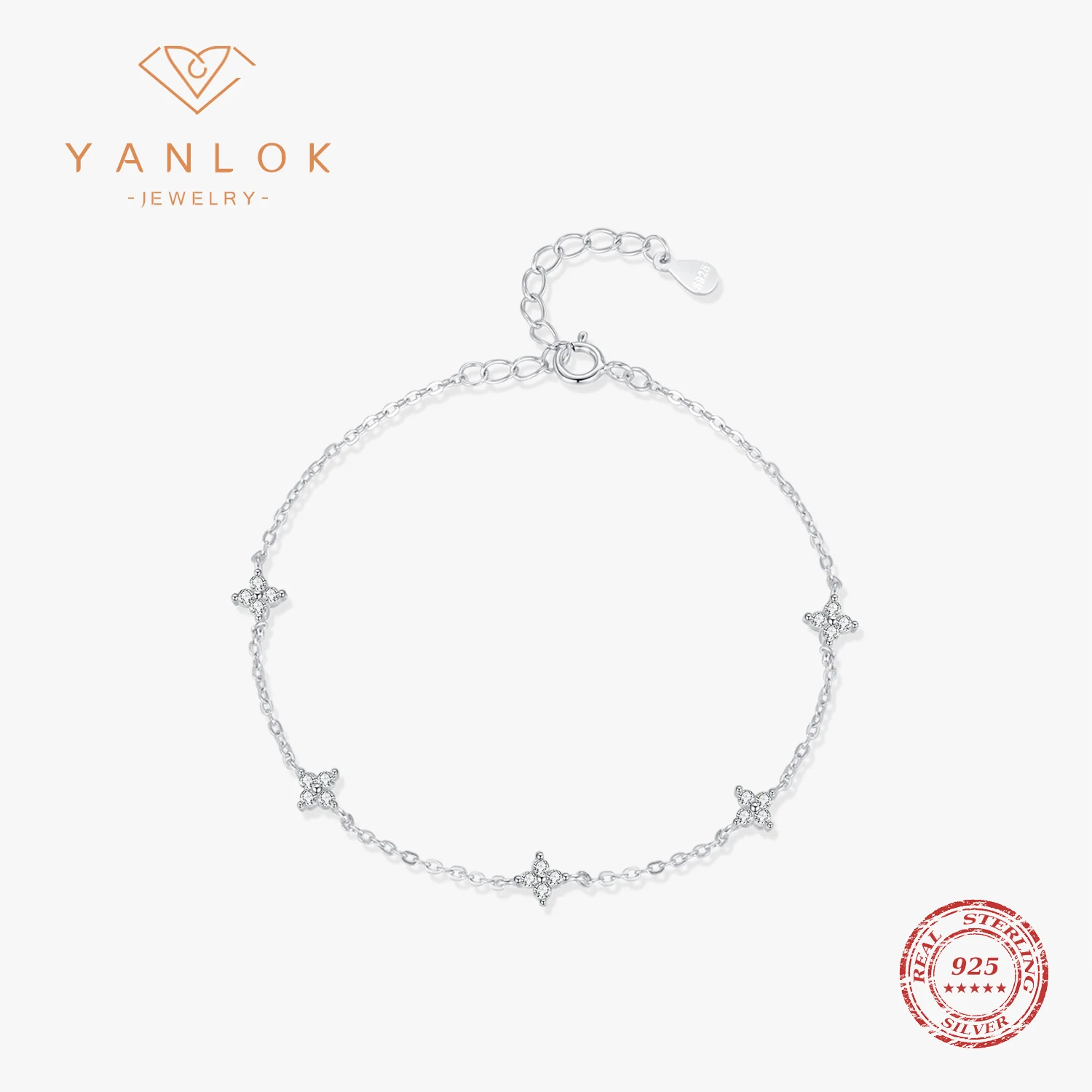 

YANLOK Shiny Four Leaf Clover Charm Bracelet For Women 925 Sterling Silver Cubic Zirconia Link Chain Party Holiday Fine Jewelry