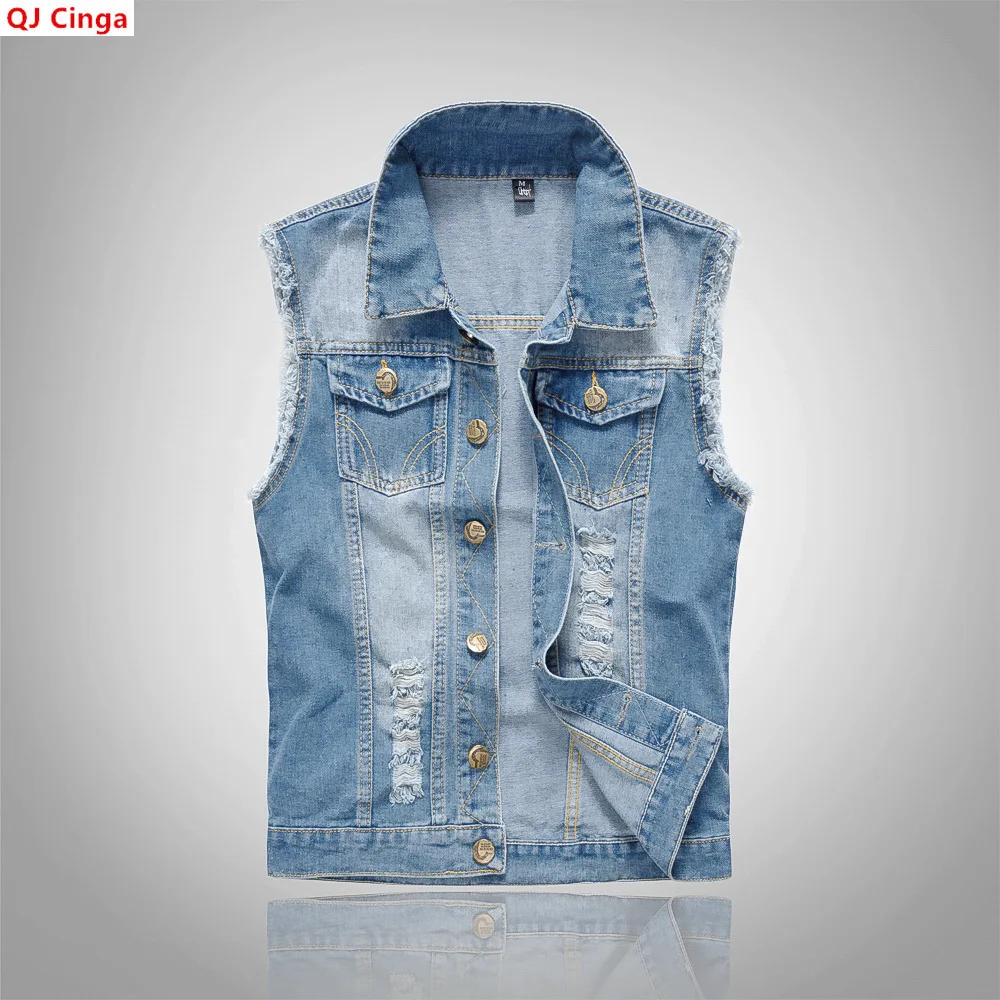Light Blue Men's Sleeveless Vest Jacket, Single-breasted Lapel Denim Coat, Asian Sizes M–6XL.
