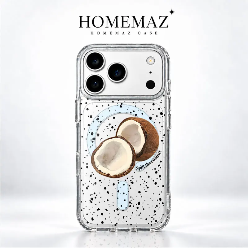Clear Magnetic Coconut Case for iPhone, Slim Shockproof Transparent Cover with Speckled Print, Raised Camera Guard, Wireless Charging