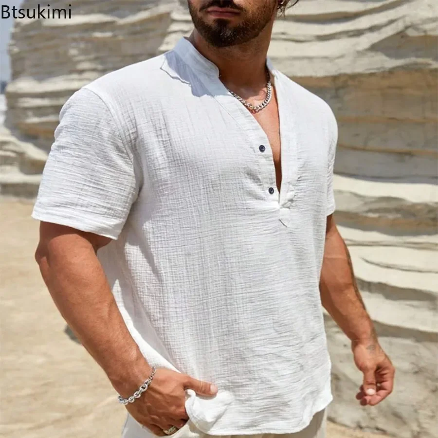 

Летняя новая стильная мужская повседневная рубашка, однотонная модная хлопково-льняная трендовая рубашка высокого качества с коротким рукавом, кубинский территориальный воротник, топ