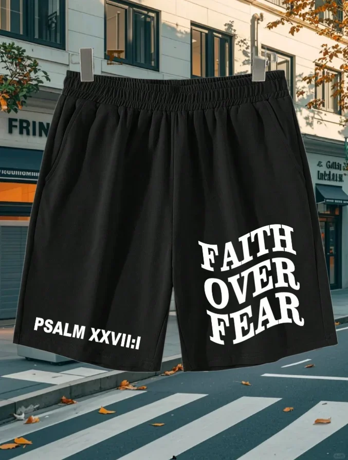 

Мужские шорты Faith Over Fear and Psalms с принтом Библии, эластичный ремень для фитнеса, пляжа, повседневная одежда, спортивный стиль, быстросохнущие, с карманами