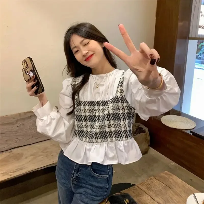 

2024 Camisas De Mujer Blouse for Women Long Sleeve Contrast Color Plaid Shirts Temperament Tops Chic Fake Two Korean Blouses