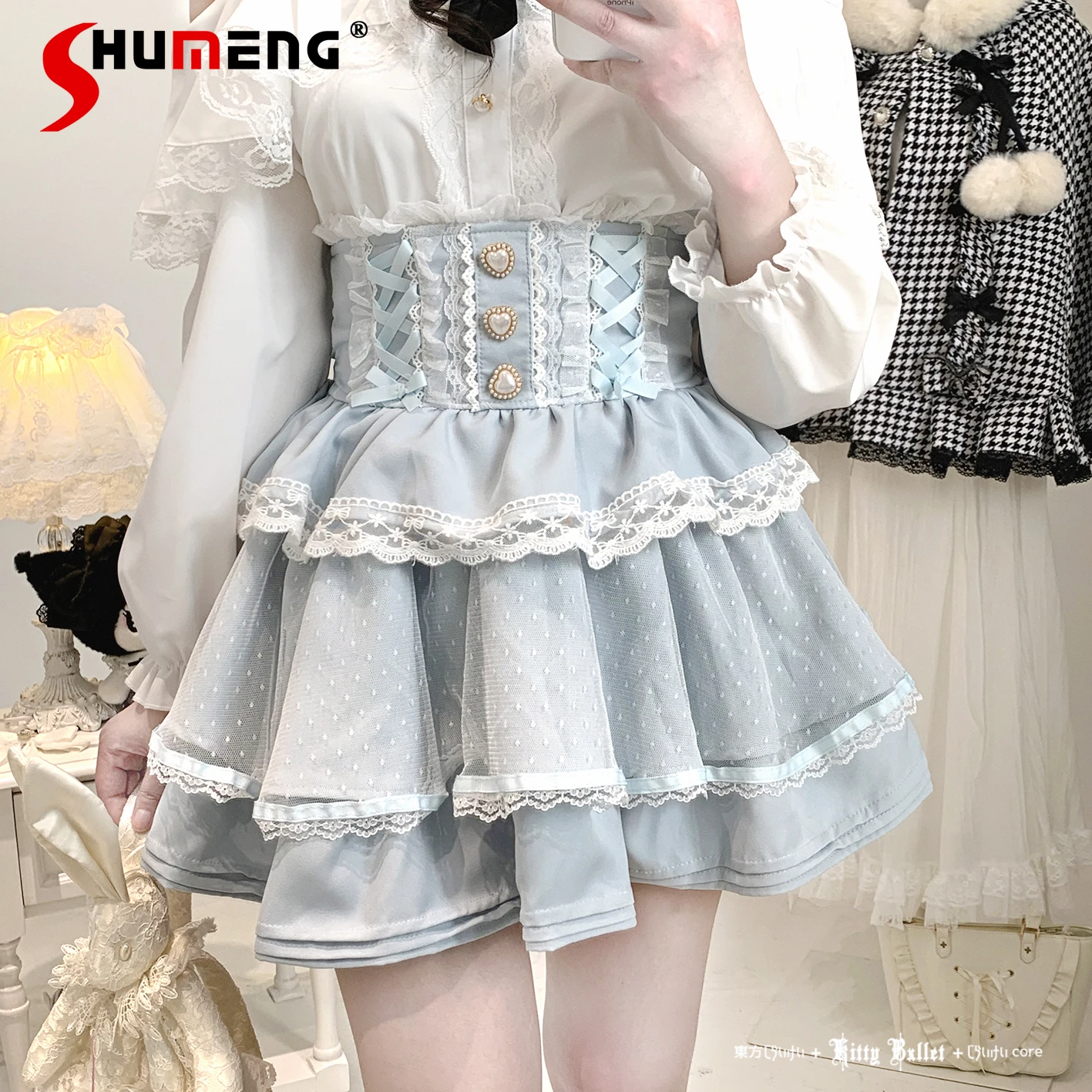 

Japanese Mine Mass-produced Mini Skirt Spring and Autumn New Girl's Women High Waist Slimming Elegant Lace Edge Lolita Skirts