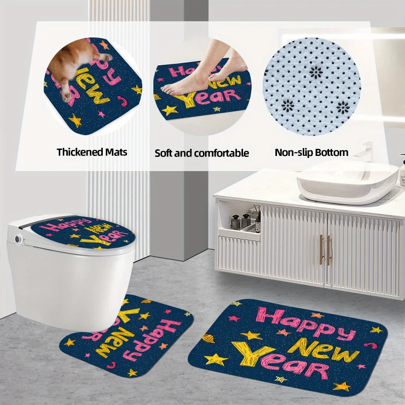 Happy New Year 4pcs Shower Curtain Set with Hooks - Waterproof, Non-Slip Bathroom Rug, U-Shape Toilet Mat & Lid Cover Pad - Vibr