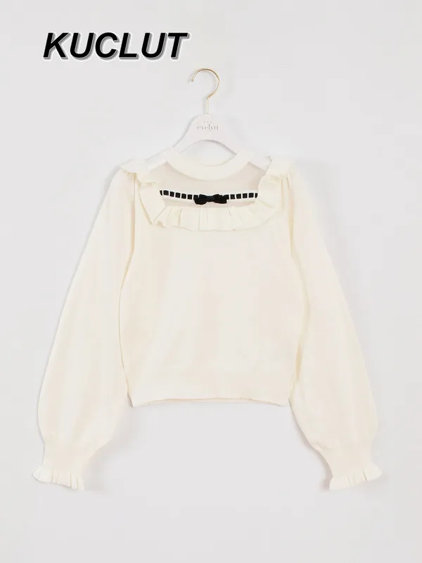 Jersey de estilo japonés con cuello con volantes, suéter con mangas abullonadas, Top ajustado de manga larga, suéteres de punto para Otoño e Invierno para mujer