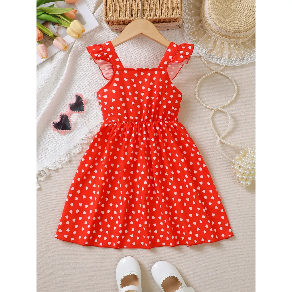 New Fashion Children Dress for Girl 4-7 Years Girls Flutter Sleeve Heart Polka Dot Dresses Summer Daily Wear Girl Costume