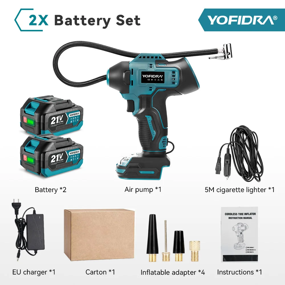 YOFIDRA Elektrische Luftpumpe Reifenfüller mit Digitalanzeige Multifunktions-Autokompressor-Werkzeug für Makita-Akkus