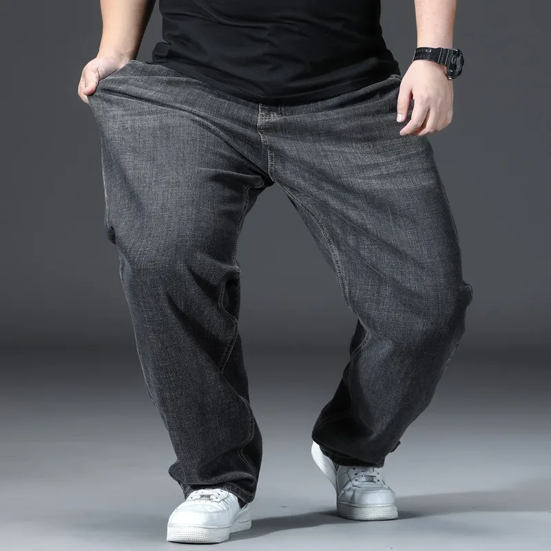 Loose Jeans Men Wide Leg Straight Stretched 150KG Elastic Plus Size 44 46 48 High Waist Large Trousers Classic Black Male Pants