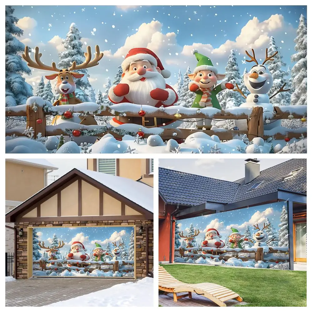 

Winter Christmas Garage Door Banner Santa Claus Snow Forest Backdrop Indoor Outdoor Festival Party Large Hanging Background