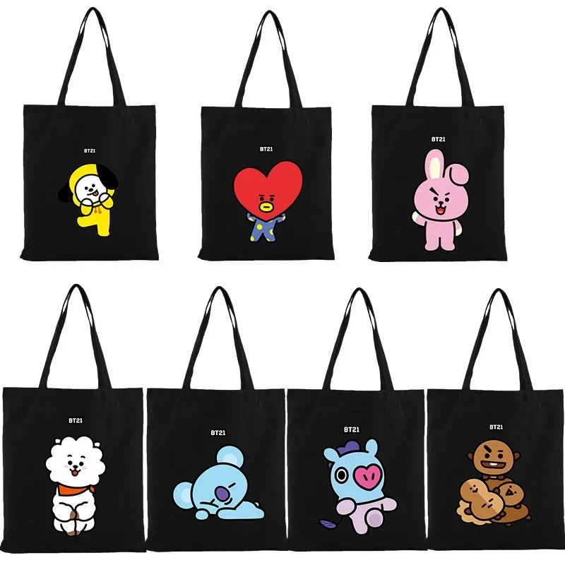 Kawaii Bt21 Anime Tata Rj Cooky Chimmy Canvas Bag Cute White Shopping Shoulder Bags Umbrella Water Cup Bag Girl Gift