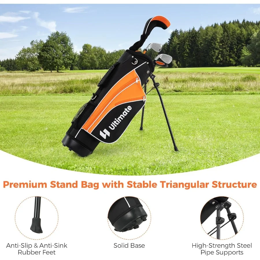 Przenośny zestaw golfowy dla młodzieży dla praworęcznych zawiera 3 fairway wood, żelazka 7 i 9, putter i torbę golfową z podstawką, idealny do nauki grających w golfa.