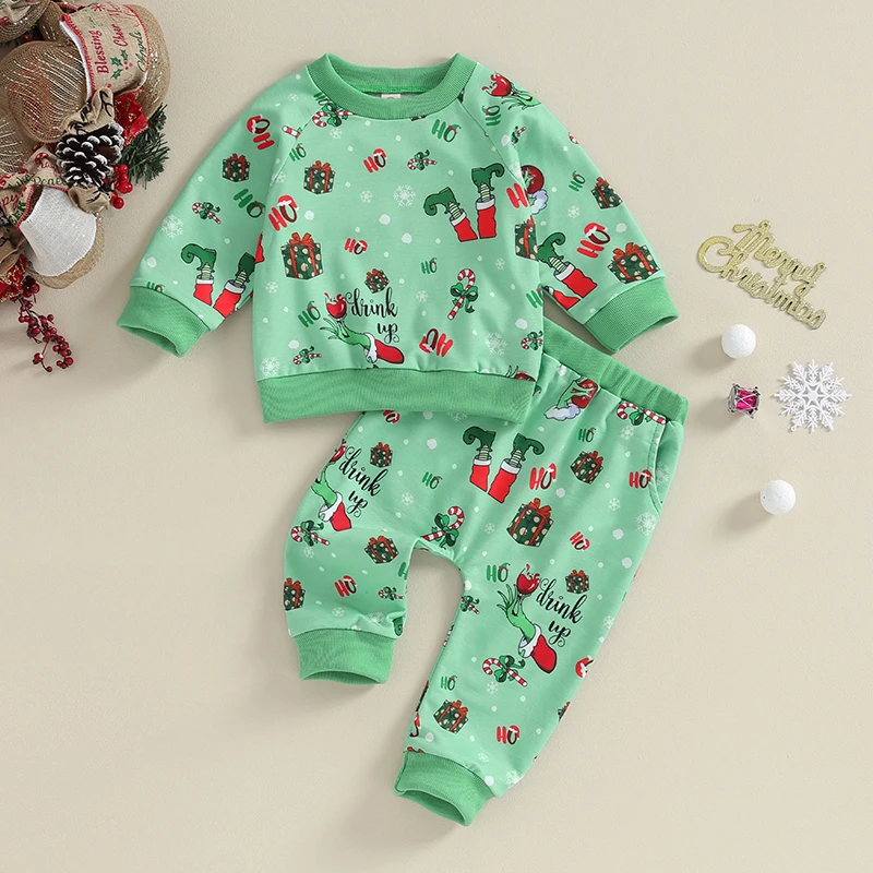 Infant Toddler Boy Christmas Outfits Long Sleeve Shirts Grinch Printing Sweatshirt Green Pants Set 2Pcs Outfits