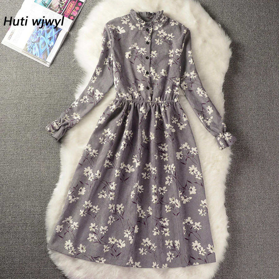 Corduroy High Elastic Waist Vintage Dress Autumn Winter Women Full Sleeve Floral Midi Dress Bodycon Party Sexy Vestido 25 Colors