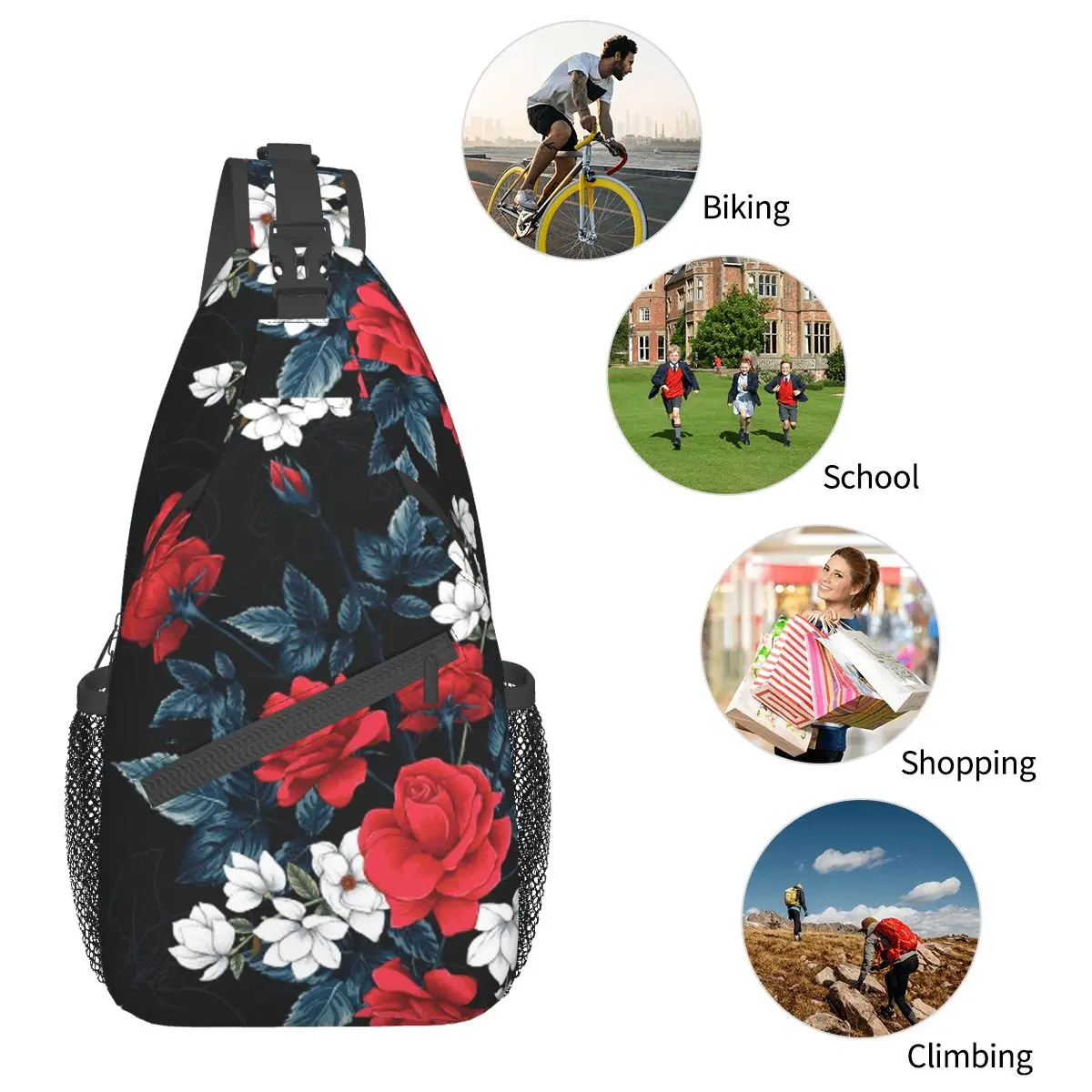 Mochila pequeña con estampado de flores y rosas rojas, bolso de hombro cruzado en el pecho, mochila de viaje para senderismo, bolsas de día con estampado Floral de corazón