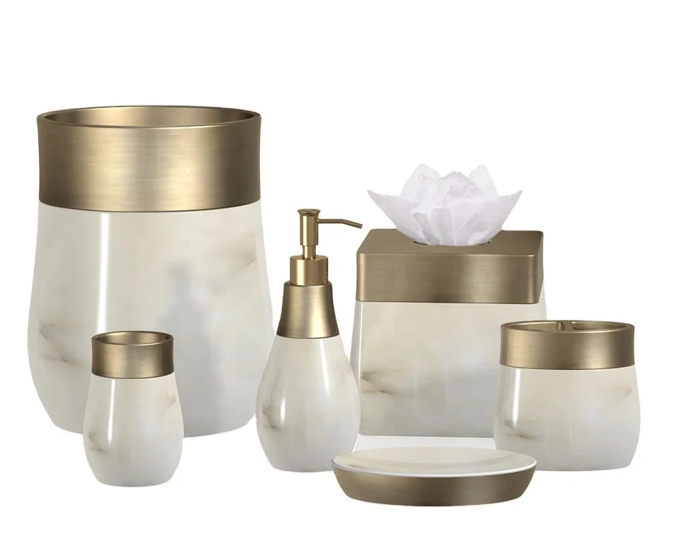 Gold bathroom products luxury bathroom sets accessories 6 pieces Set Poly resin bathroom Accessories sets for home