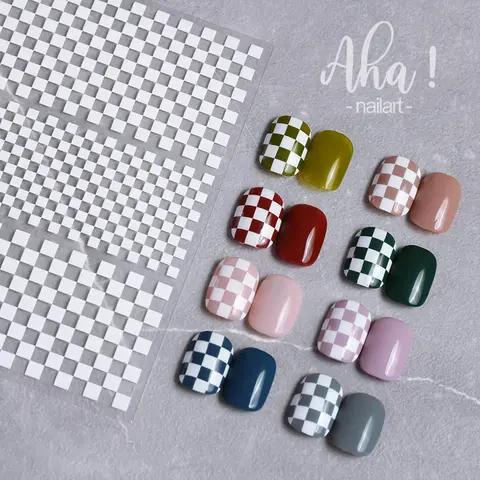 1PCS 바둑판 네일 아트 스티커 3D 클래식 격자 무늬 디자인 네일 데칼 패션 블랙 화이트 Houndstooth 매니큐어 액세서리