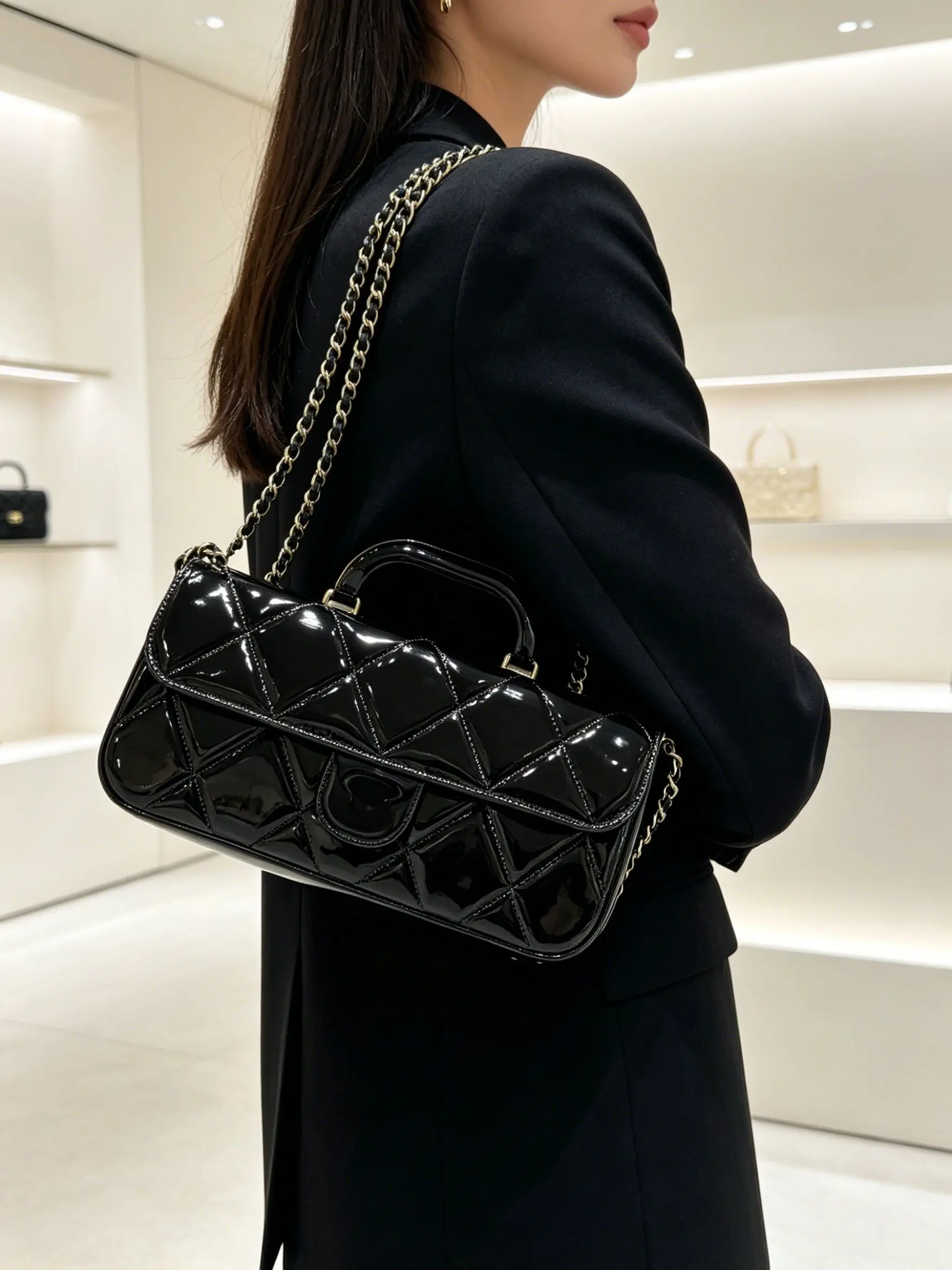 

Women's Patent Leather Quilted Top Handle Bag Luxury Gold Chain Crossbody Shoulder Purse Evening Clutch