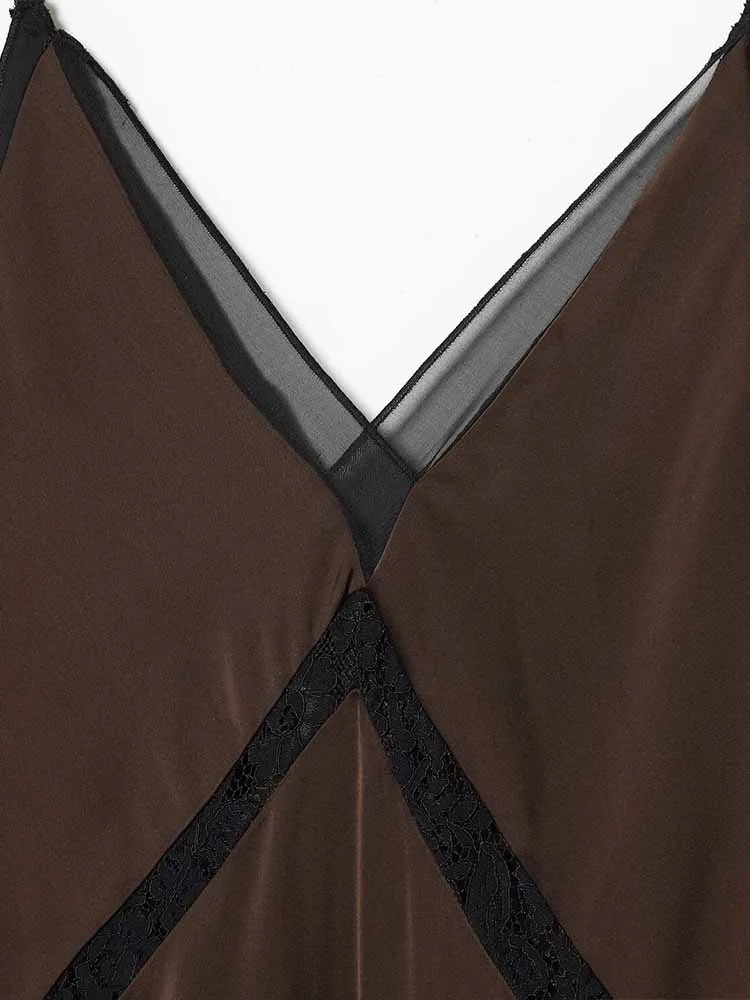 Estilo europeu e americano inverno nova chegada feminina com decote em v cinta de espaguete emendado ​ ​ vestido midi assimétrico de cetim com renda