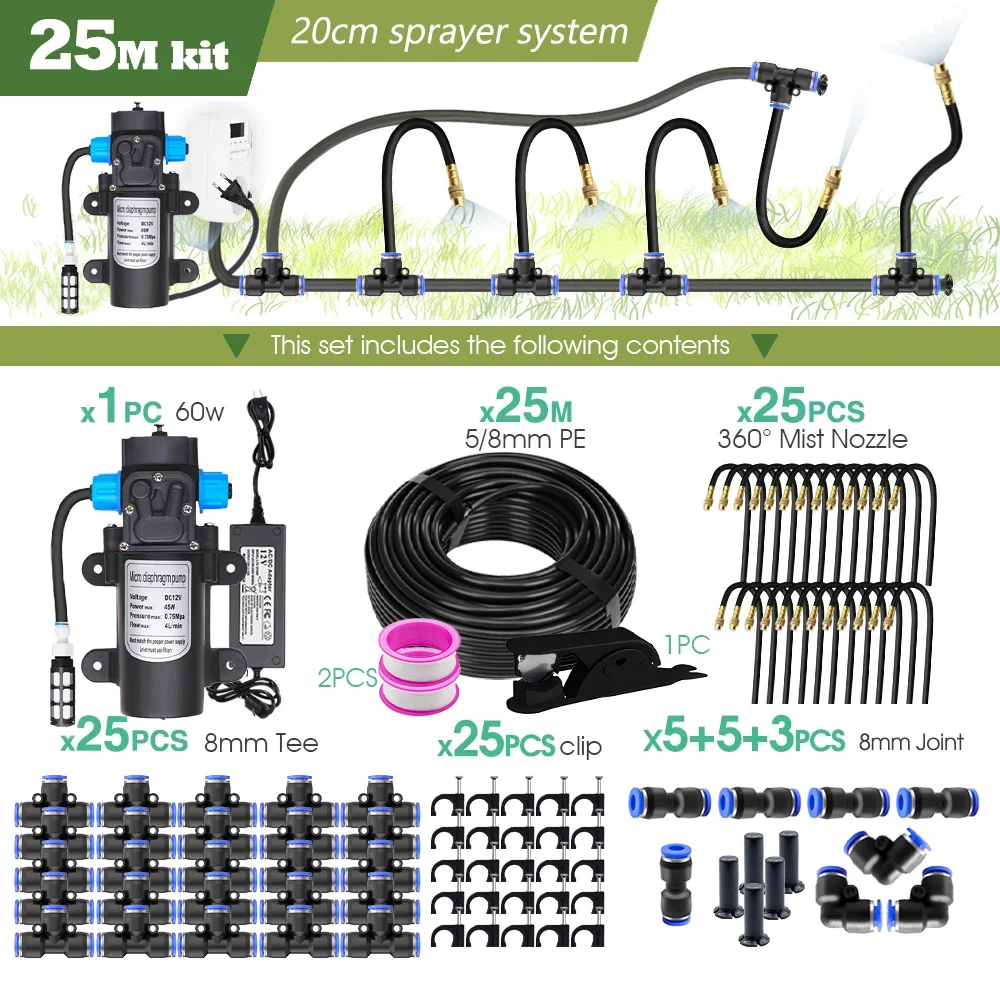 Tuinsproeierset met 5/8mm PE slang, 60W zelf-aanzuigende pomp, 20cm universele messing spuitmond, besproeiingssysteem voor gazebo planten