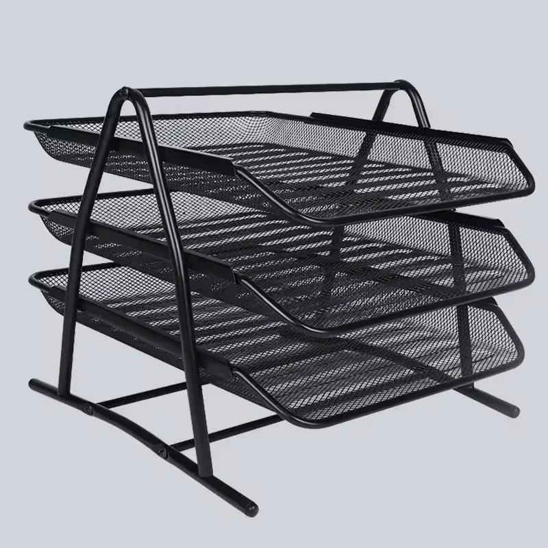 Wholesale Mesh File Rack Organizer Desk Letter Tray Office School Paper Document Holder 3 Tier Metal Black Stackable File Tray