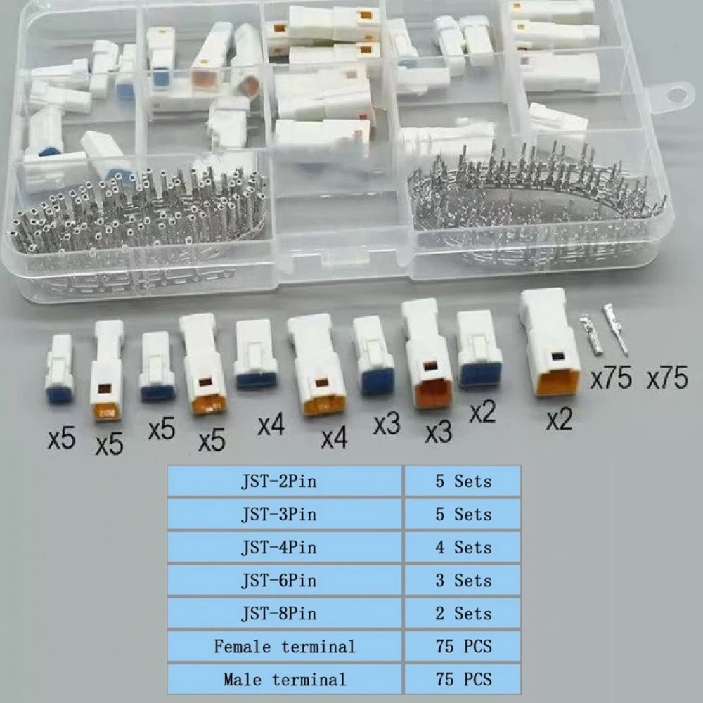 188PCS/19 Sets JST Series Connectors 2/3/4/6/8 Pin Waterproof Connectors Male Female JST Terminal 02T 03R 04R 06R Connector