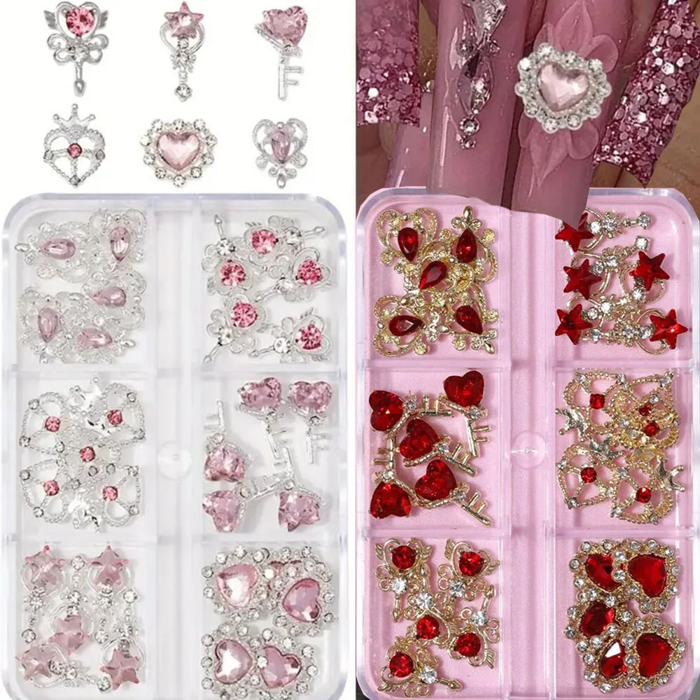 6Grid-30ชิ้น คริสตัลรูปหัวใจสีชมพูแดงน่ารัก ประดับเล็บลายหัวใจดาวเพชร สำหรับวันวาเลนไทน์ ตกแต่งเล็บ DIY