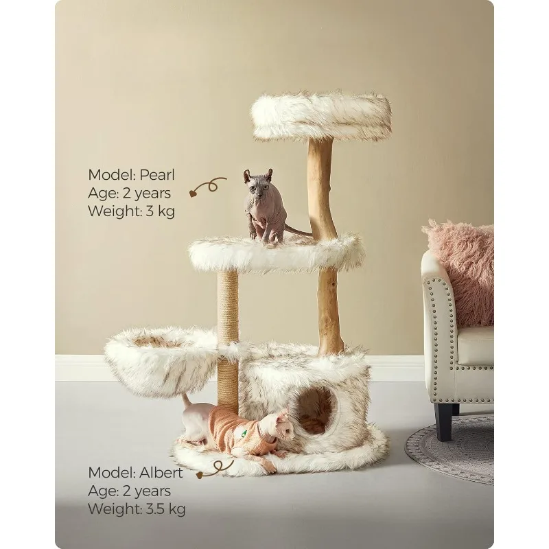 Modern Cat Tree, Wood Cat Tower for Large Cats up to 22 lb, 48.4-Inch Luxury Cat Condo with Scratching Post, Perch, Cave, Baske