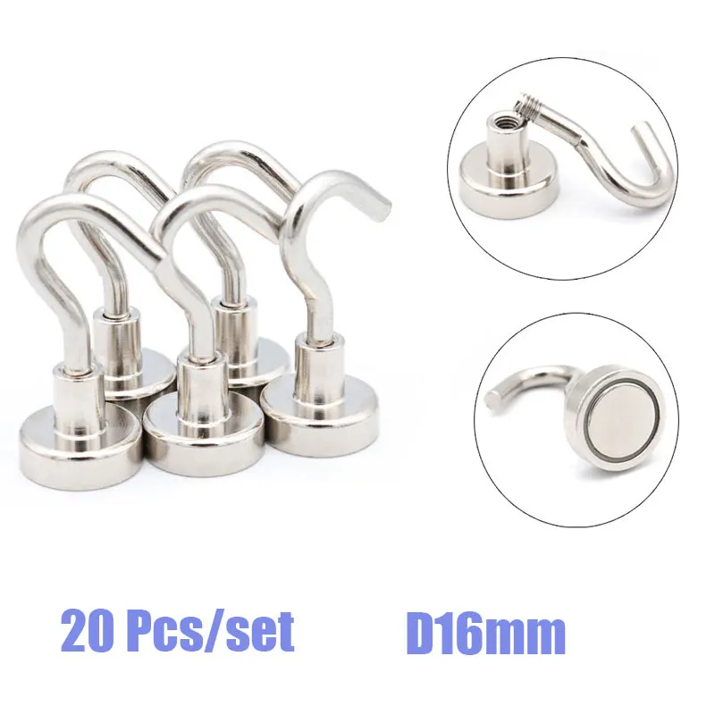 

20 Pcs N38 Neodymium Hold 5.5kg Strong Magnetic Hooks 16mm Ferrite Magnetic Hooks Heavy Duty Wall Hooks Hanger For Key Coat Cup