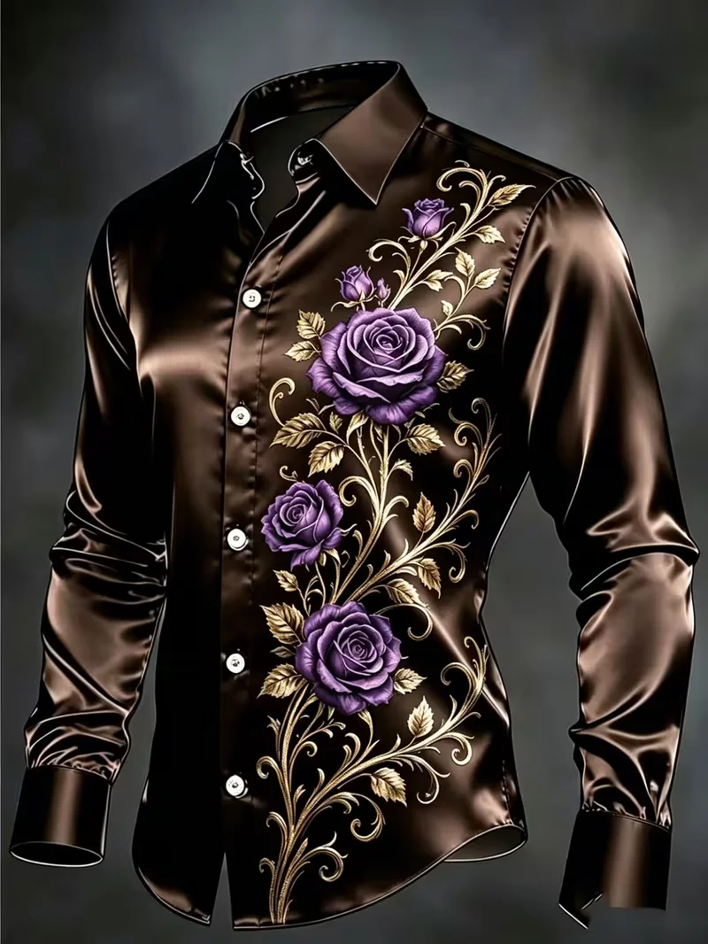 New Golden Phoenix Wave Flame National Style Printed Long Sleeve Shirt with Shiny Satin for Men's Top Clothing