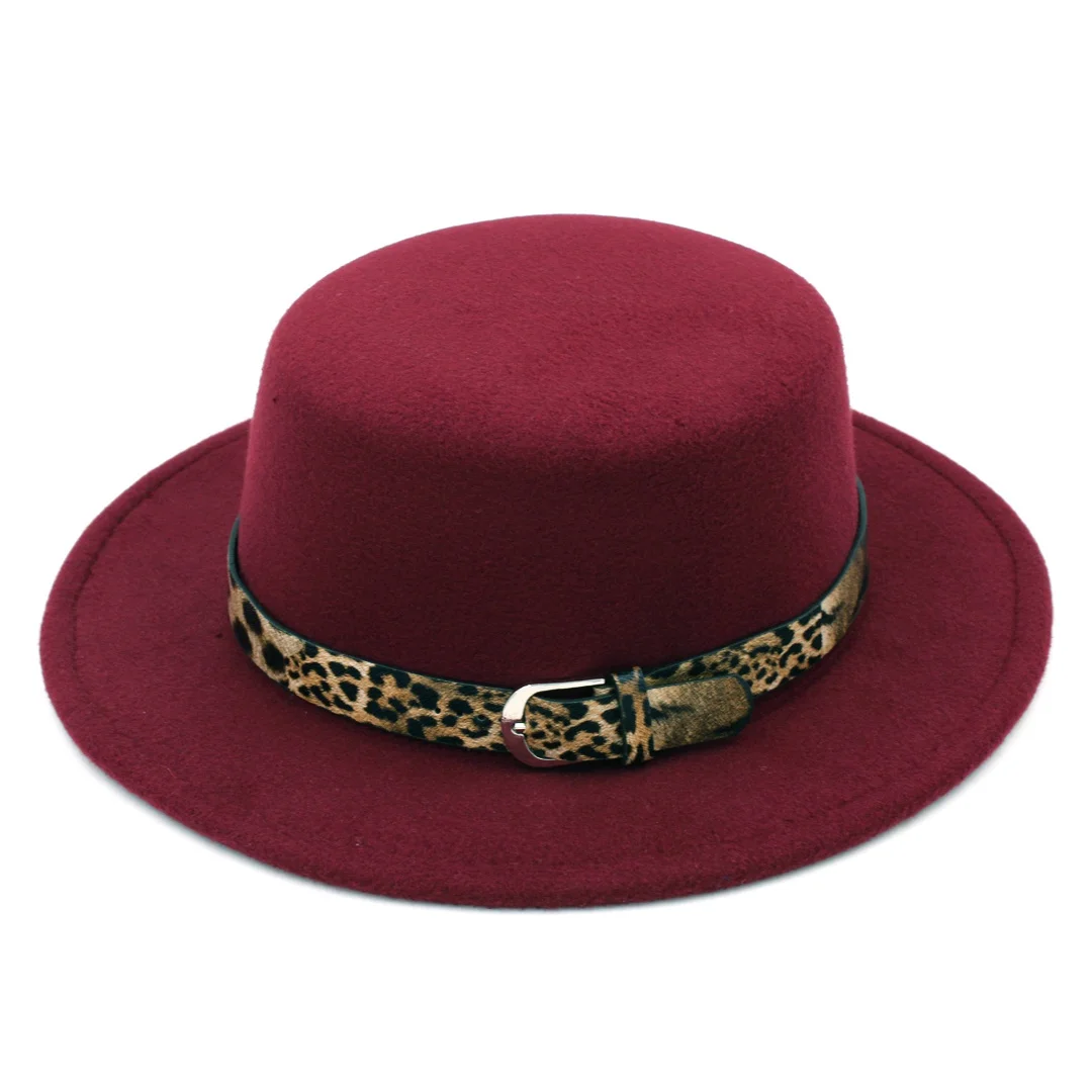 Sombreros Fedora de fieltro con parte superior plana para mujer, gorros para tarta de cerdo, Sombrero de pescador Шля, gorra tipo bombín de ala ancha, cinturón de cuero con estampado de leopardo