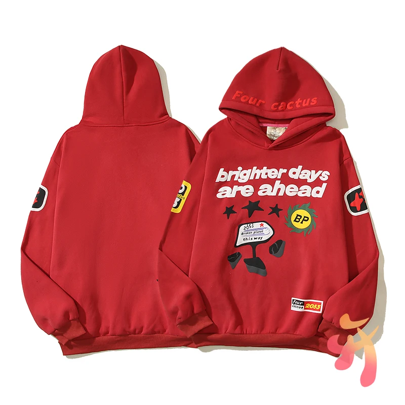 

24ss American Streetwear Red Broken Planet Hoodies Fleece Vintage Foam Print Hooded Sweatshirts Casual Men Women Hiphop Hoody