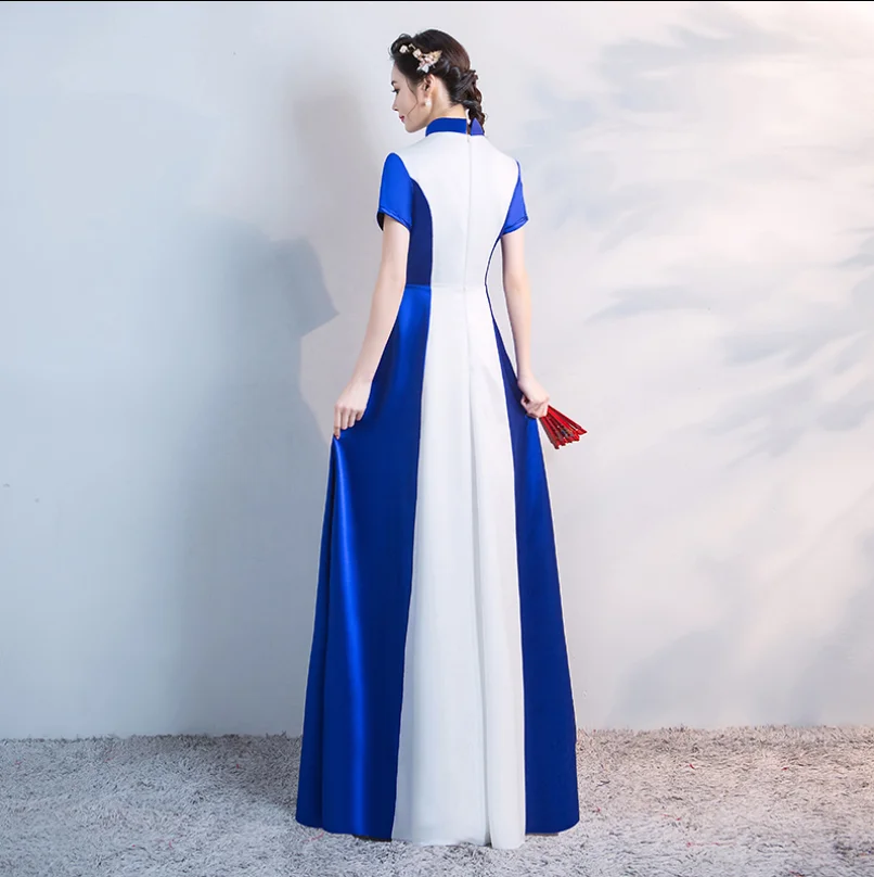 Vêtements de scène de récitation de longue choeur, Cheongsam Slim Fit, bleu et blanc Ume