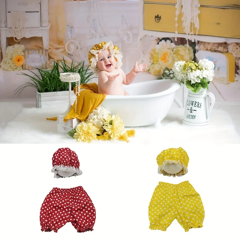

Bathroom Art Photo Costume Newborn Photography Outfits Yellow Polka Dot Shower Cap and Trousers Set for Baby Photoshoot Gifts