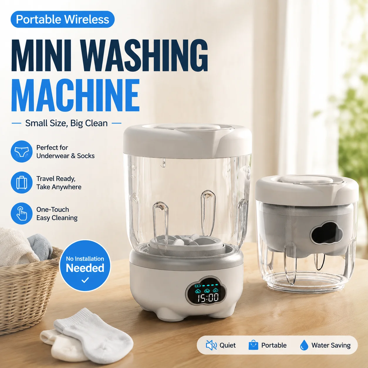 Portable Wireless Digital Display Mini Washing Machine for Underwear Socks, No Installation Travel Student Laundry Cleaner