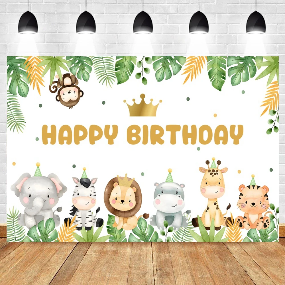 Safari Animals Backdrop Tropical Jungle Forest Green Leaves Wild One Baby Shower Birthday Party Photography Background Decor