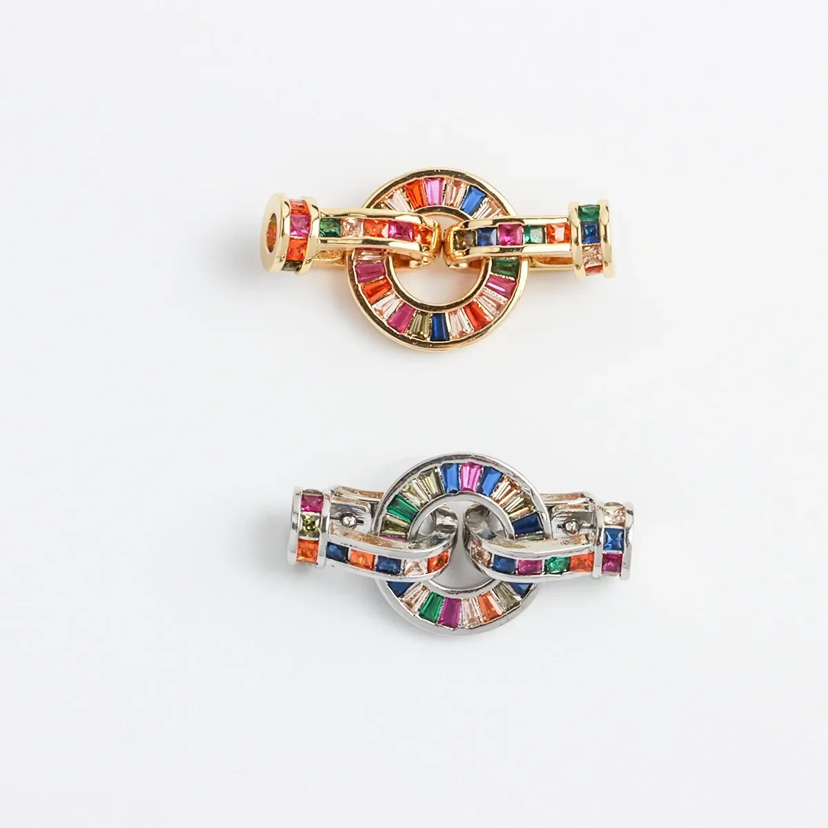 18K Plated Gold High-grade Inlaid Rainbow Zirconium Round Pearl Button Head Necklace Bracelet Connecting Buckle DIY Accessories