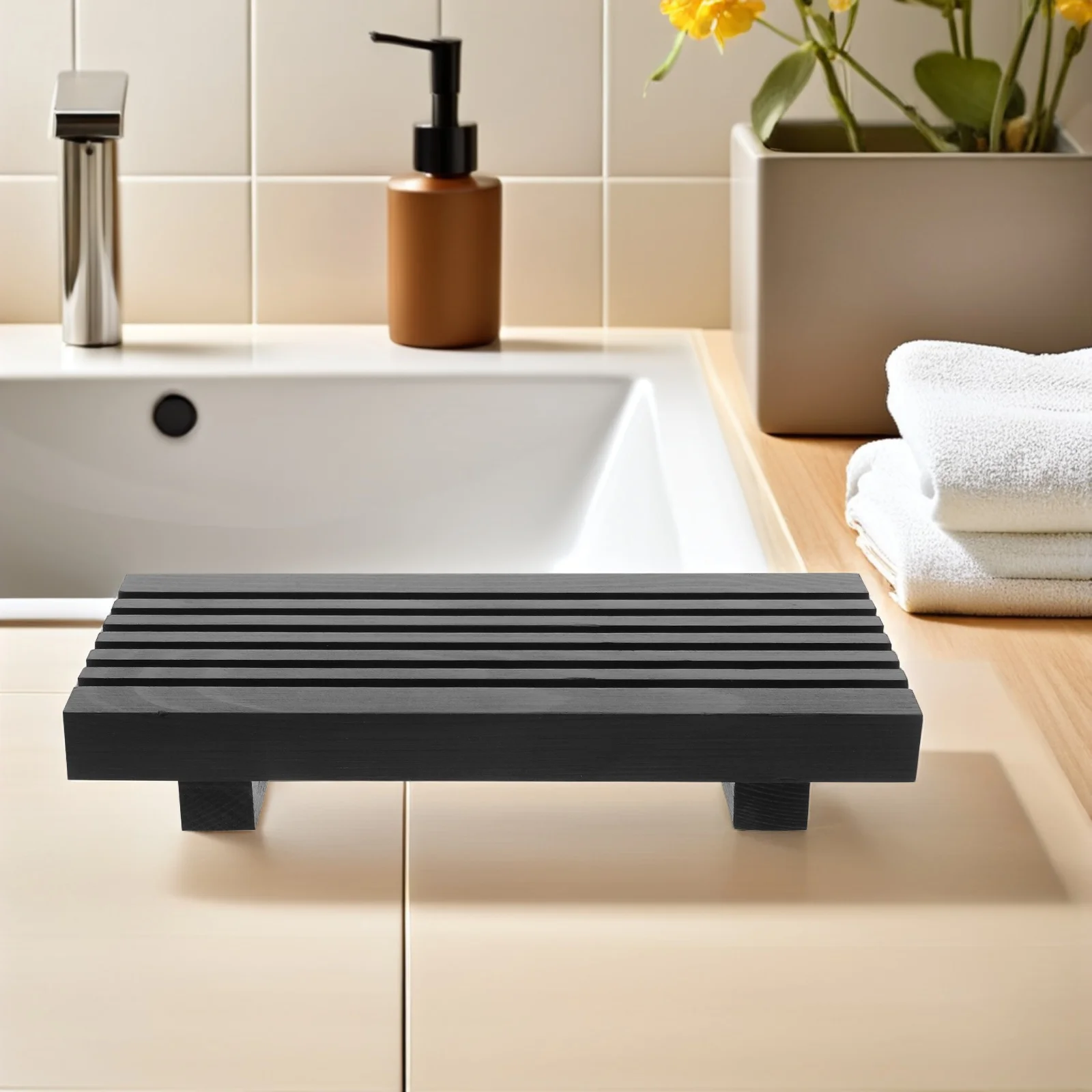 

Wood Bathroom Tray Organizer: Rustic Pedestal Stand for Counter - Wood Display Tray for Soap Dish - Farmhouse Vanity Holder - Ba