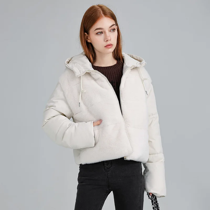 

Lamb Wool Stitching Down Cotton Jacket Parkas Women's 2025 Winter New Thickened Short Hooded Warm Jacket Coat
