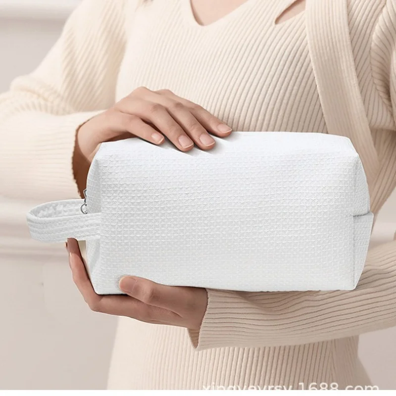 Pure Cotton Waffle Cosmetic Bag, Aesthetic Large Capacity Handheld Makeup Pouch, Portable Ideal for Travel Toiletry Organizer