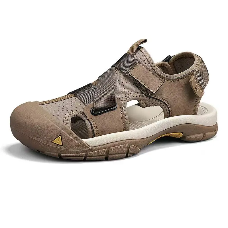 

Men's Leather Baotou Hollow Out Outdoor Beach Sandals Summer Soft Sole Non Slip Big Size Breathable Velcro Casual Sports Sandals